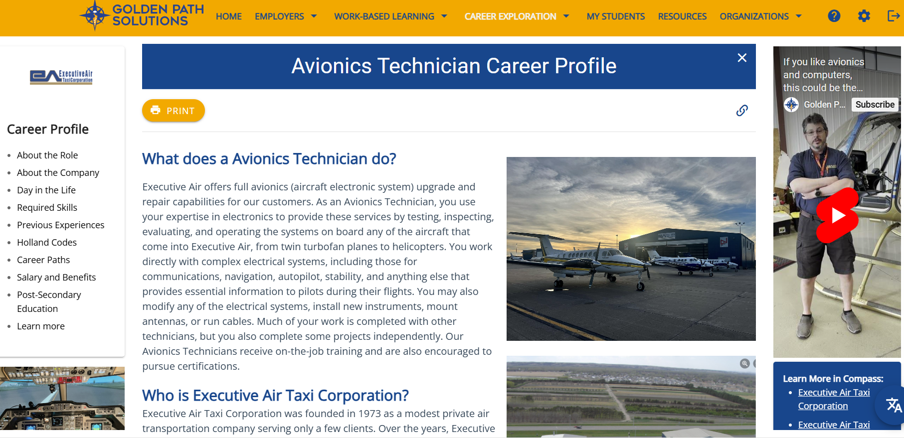 Image shows a screen shot of the Avionics Technician Career Profile inside Compass, including photos, a video, and job details.