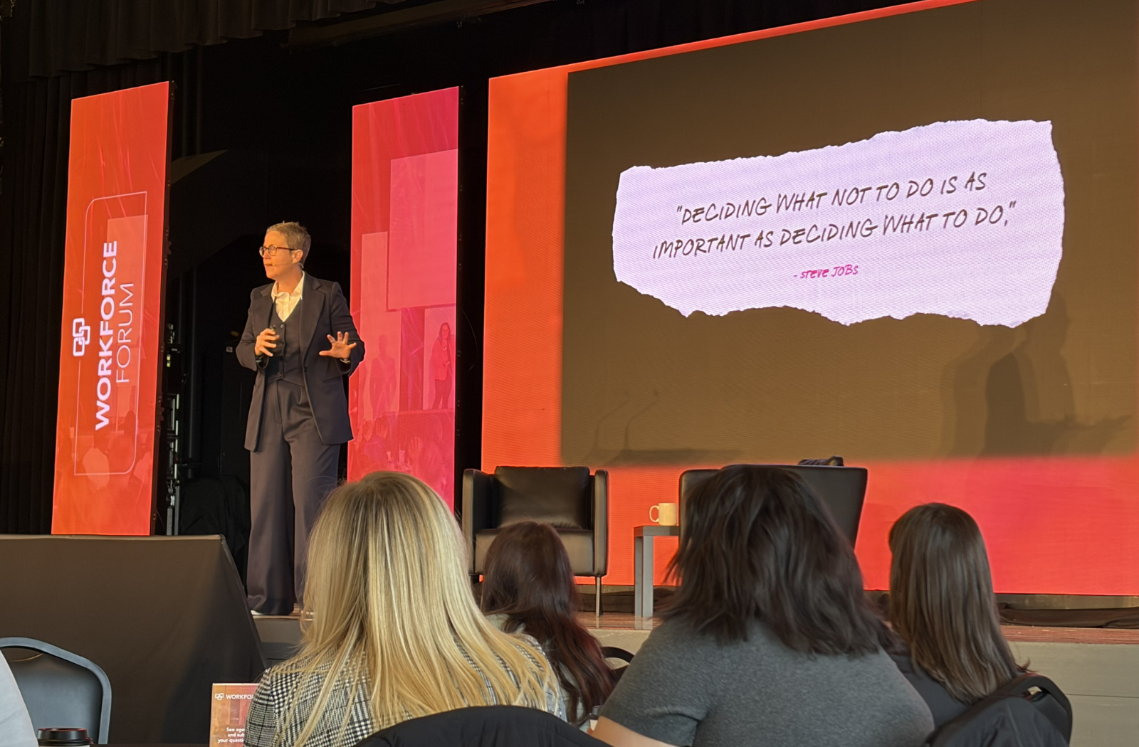 FMWF Chamber Workforce Forum A woman speaks on the stage at the FMWF Chamber's Workforce Forum