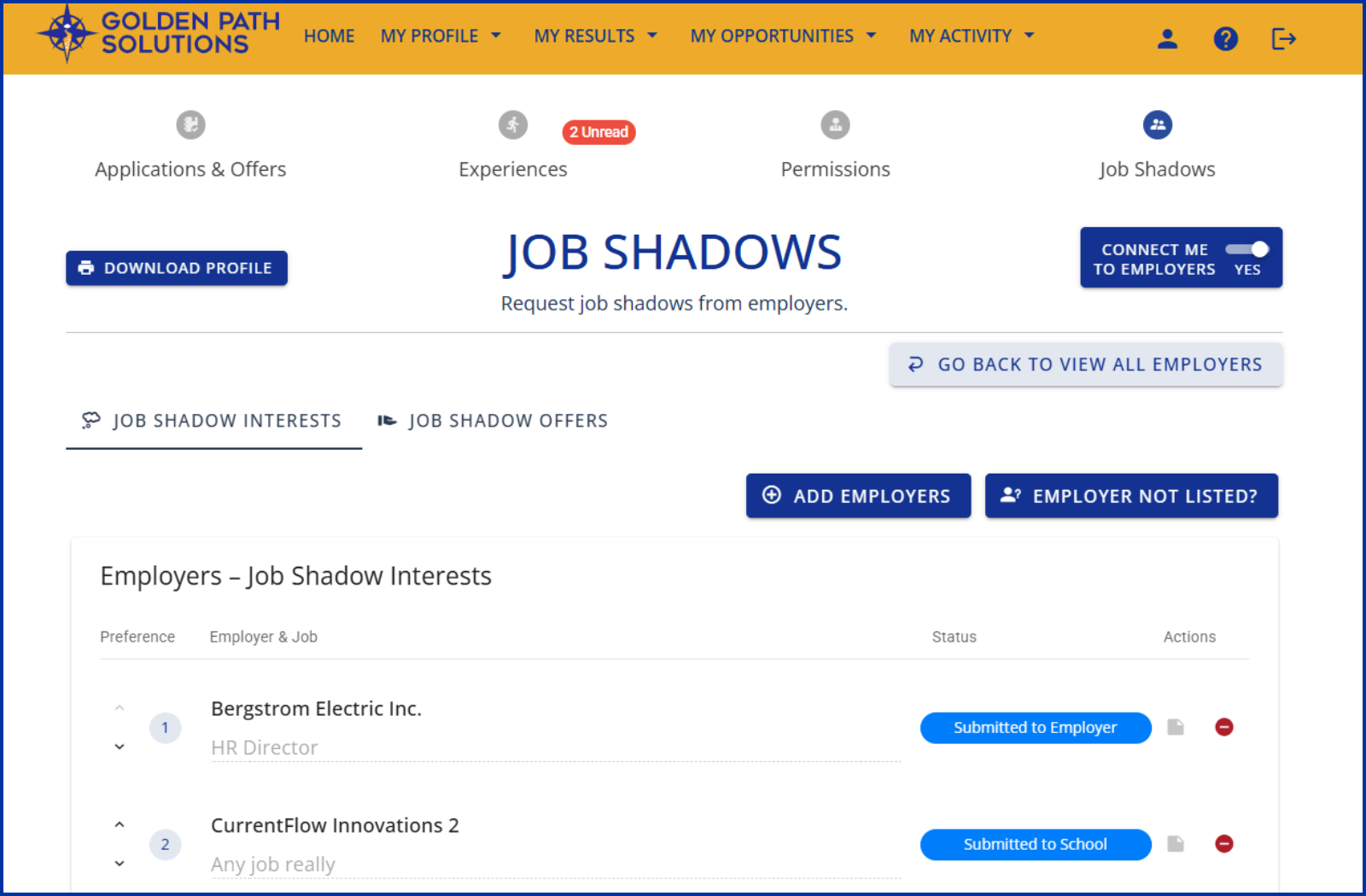 Screenshot of Compass page for student job shadows