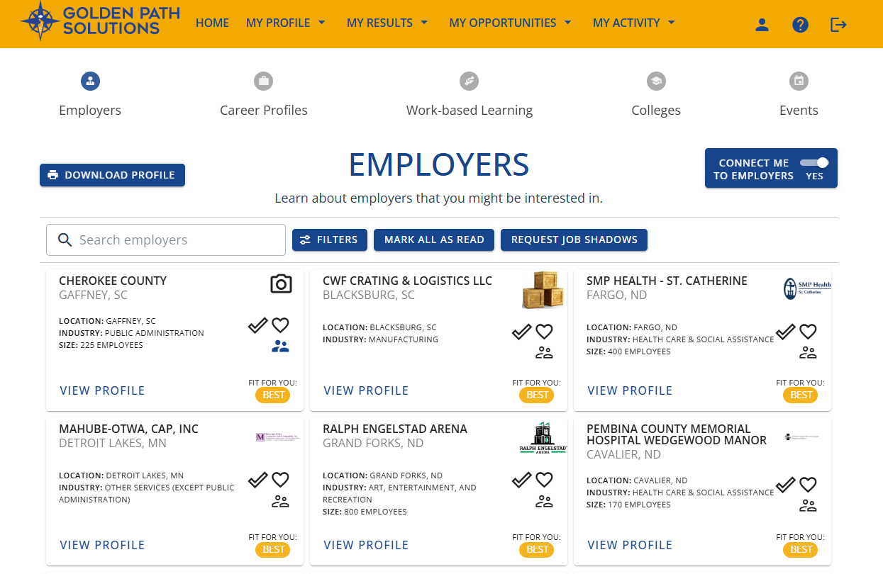 Screenshot of a Compass page feature employers, as viewed by a student