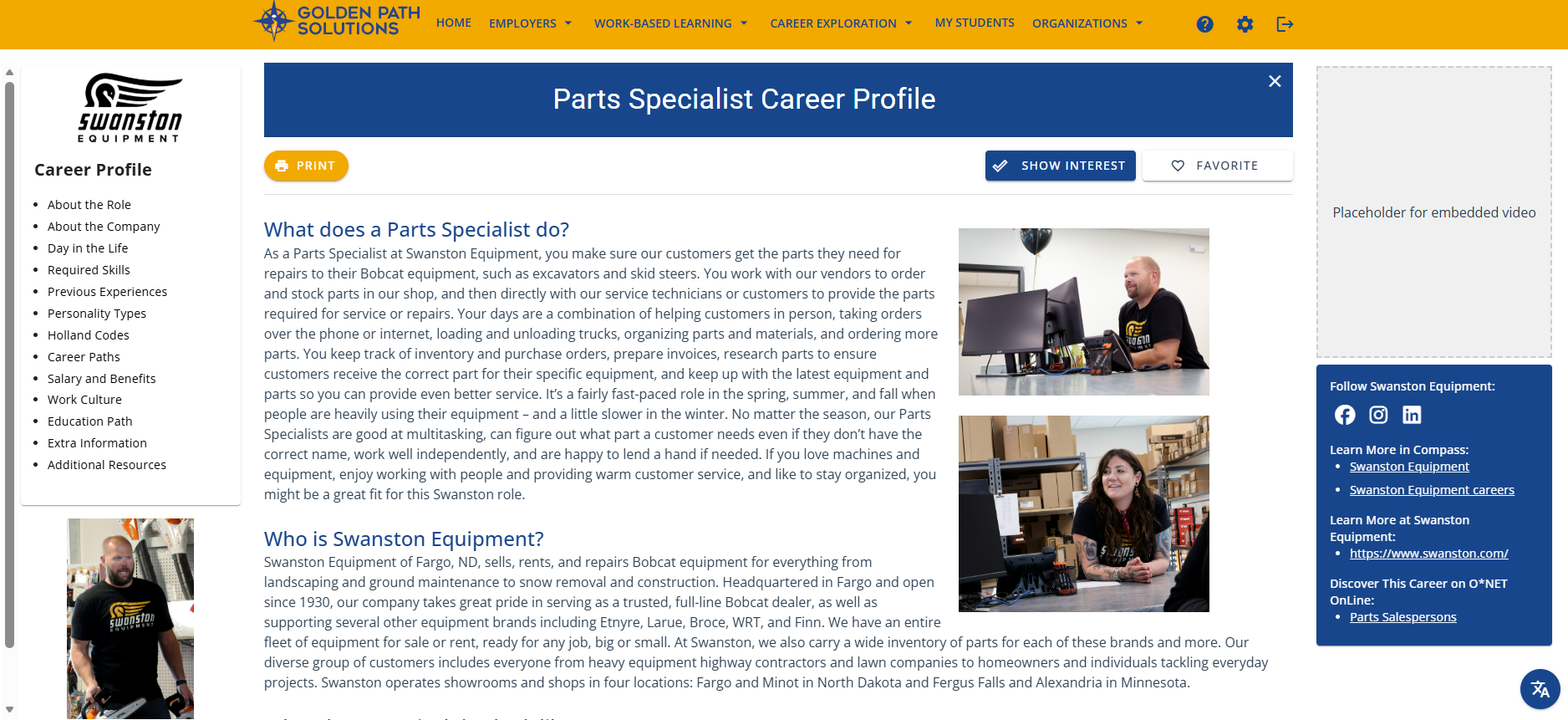 Screenshot of a Compass Career Profile for a Parts Specialist at Swanston Equipment